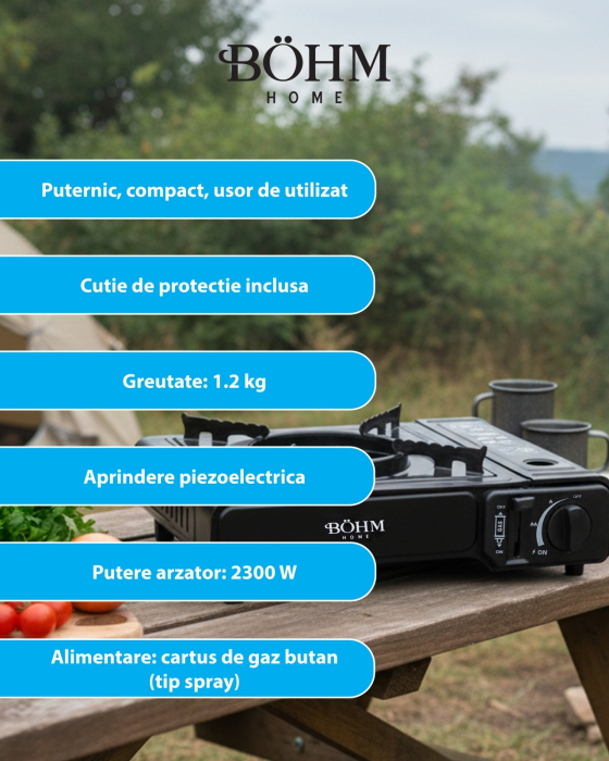 Plita cu un arzator pe gaz Camping BOHM BG-K-001+L, GPL, 2.3 kW, Racord metalic extern pentru furtun de gaz [10]