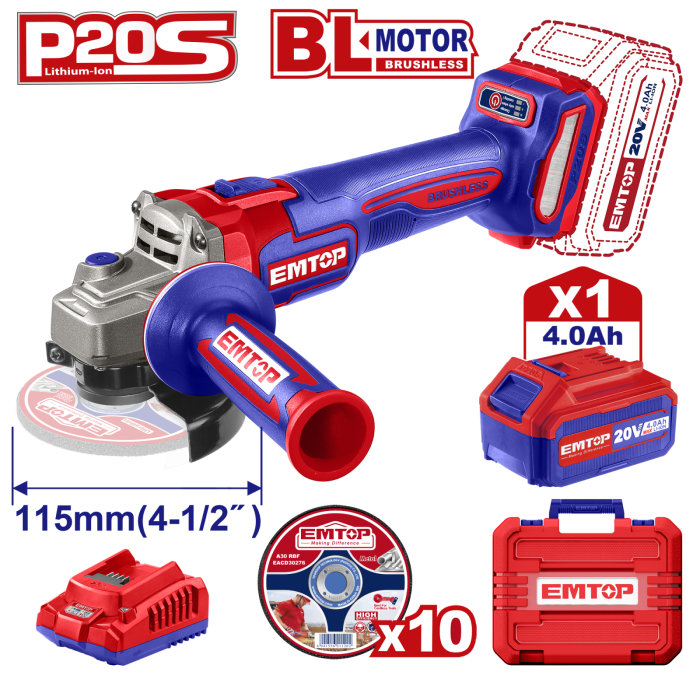 Polizor unghiular cu 1 acumulator 4.0Ah, motor fara perii (brushless), 115mm, 10 discuri incluse - ELAG211541, EMTOP