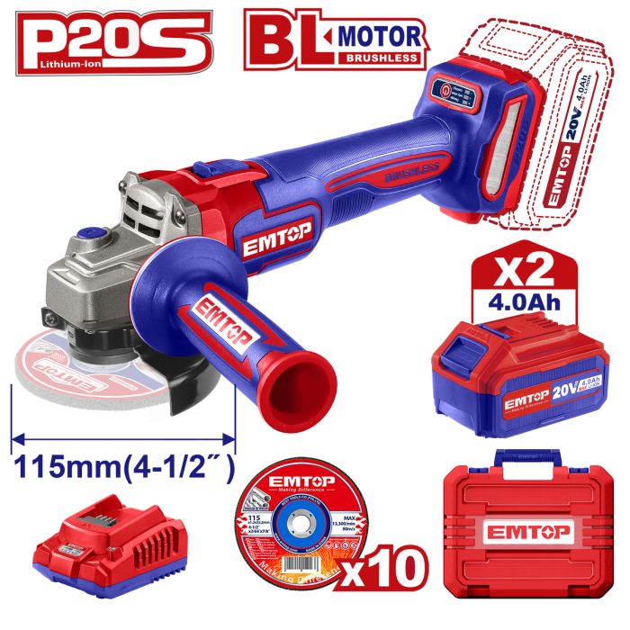 Polizor unghiular cu 2 acumulatori 4.0Ah, motor fara perii (brushless), 115mm, 10 discuri incluse - ELAG211542, EMTOP [1]