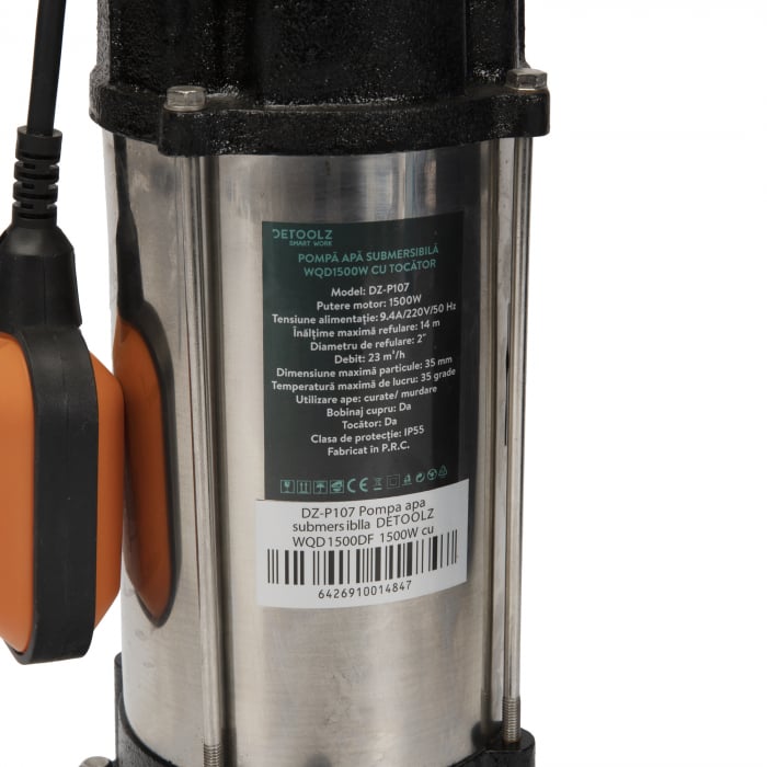 Pompa apa submersibila Detoolz WQD1500DF, 1500W, Adancime 7m, Debit 23 mc³/h, Inaltime 14m, cu tocator [2]