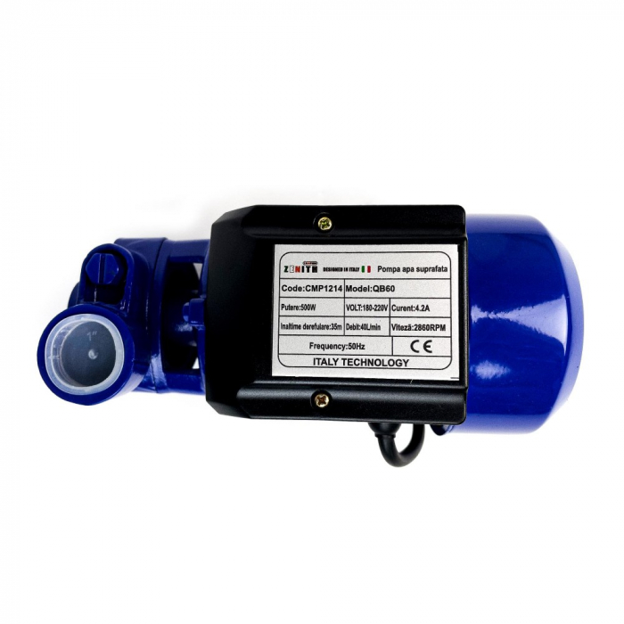 Pompa apa suprafata ZENITH ITALY, QB60 (Lazio mic), 500W, 2860RPM, 40L/min., Refulare 30m, corp fonta/bobinaj cupru [3]