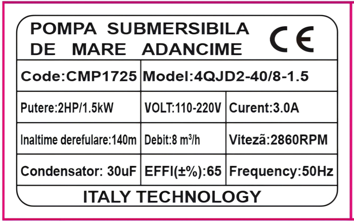 Pompa de apa submersibila de mare adancime, 1.5kW, Bobinaj cupru, Inaltime refulare 140m, Debit 8mc/h, Cablu 20m [2]