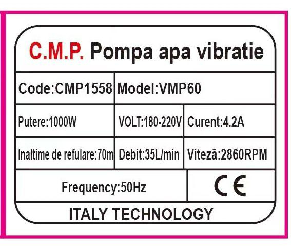Pompa de apa submersibila, pe vibratie tip VMP60, Altai, 250-1000W, Debit 35L/min., 2860RPM [3]