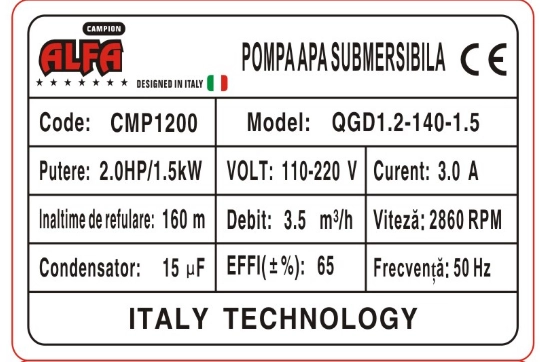 Pompa submersibila cu melc Alfa Premium, refulare 160m, debit 3.5m3/h, inox, 12m cablu, bobinaj cupru [2]