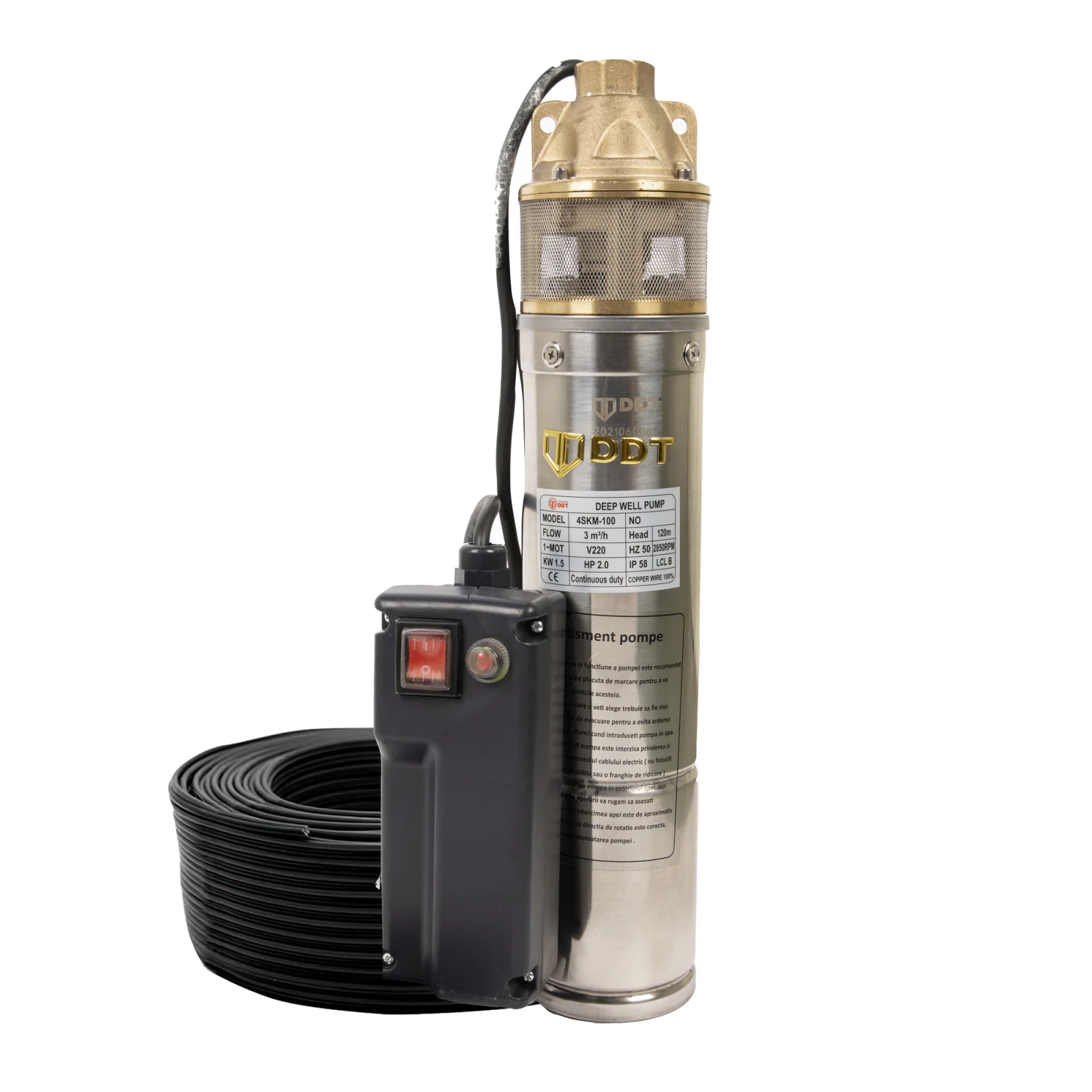 Pompa submersibila DDT 4SKM-100, 1.5KW, Debit 3 m ³ h, Adancime absorbtie si inaltime refulare 120m, 10m cablu, Inox Alama