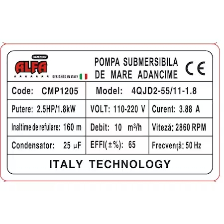 Pompa submersibila de mare adancime ALFA, 11 turbine, Debit 10 m³/h , Inaltime refulare 160m, 30m cablu [2]