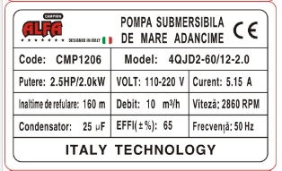 Pompa submersibila de mare adancime ALFA, 12 turbine, Debit 10 m³/h , Inaltime refulare 160m, 30m cablu [3]