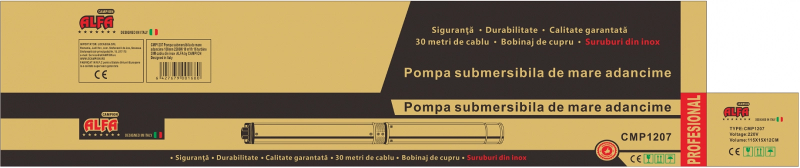 Pompa submersibila de mare adancime ALFA, 16 turbine, Debit 10 m³/h, Inaltime refulare 160m, 30m cablu [7]