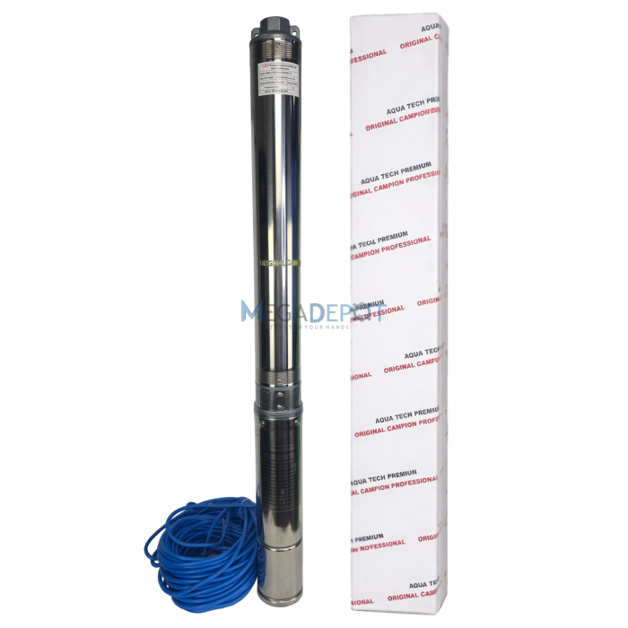 Pompa submersibila de mare adancime, Aqua Tech Premium, Inox, 16 turbine, 12mc h, H 200m, 30m cablu