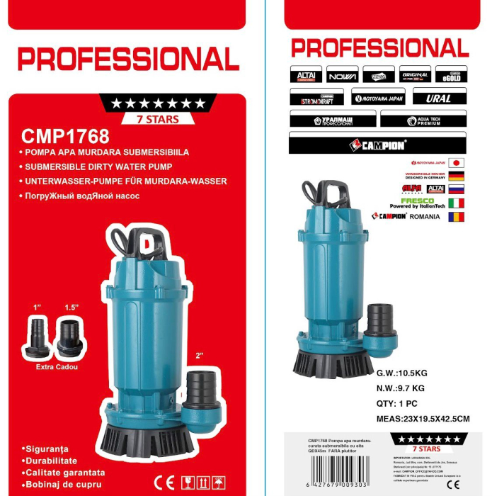 Pompa submersibila pt. apa murdara Aqua Tech Premium QDX30-45-1.5, 1.5kW, H45m, 30m³/h, 2860RPM, Racord 2", Reductii 1 si 1.5" incluse, 7.5m cablu [4]