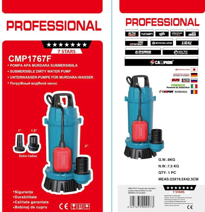 Pompa submersibila pt. apa murdara cu plutitor Aqua Tech Premium QDX10-35-1.1F, 1.1kW, H35m, 10m³/h, 2860RPM, Racord 2", Reductii 1 si 1.5" incluse, 7.5m cablu [4]