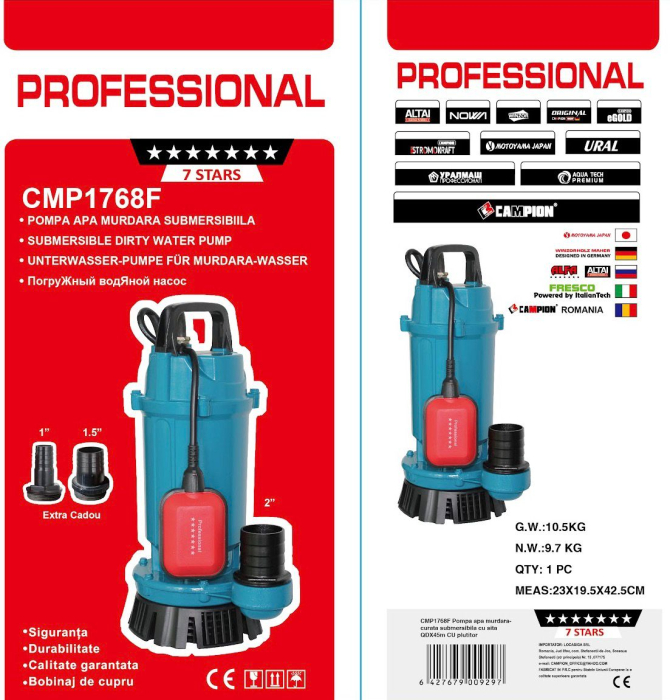 Pompa submersibila pt. apa murdara cu plutitor Aqua Tech Premium QDX30-45-1.5F, 1.5kW, H45m, 30m³/h, 2860RPM, Racord 2", Reductii 1 si 1.5" incluse, 7.5m cablu [4]