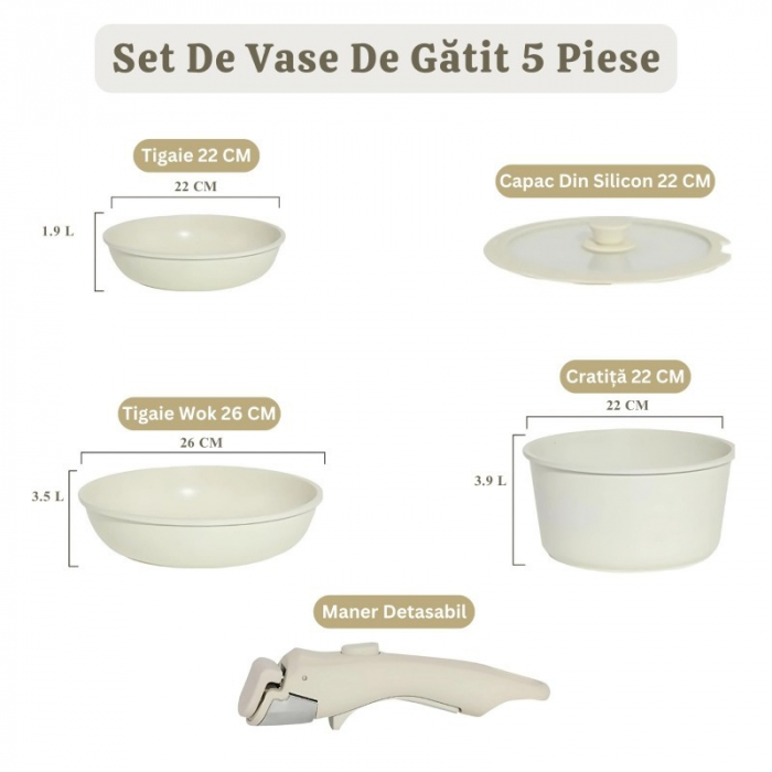 Set 5 piese Goldmann, Tigaie/Cratita/WOK/Capac + Maner detasabil, Aluminiu turnat marmorat anti-aderent, Bej [3]