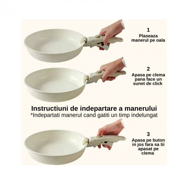 Set 5 piese Goldmann, Tigaie/Cratita/WOK/Capac + Maner detasabil, Aluminiu turnat marmorat anti-aderent, Bej [4]