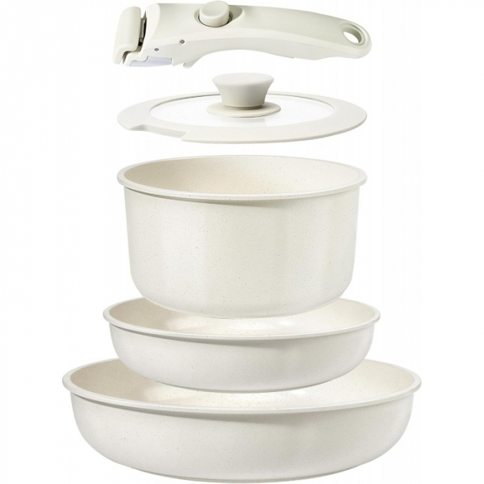 Set 5 piese Goldmann, Tigaie Cratita WOK Capac + Maner detasabil, Aluminiu turnat marmorat anti-aderent, Bej