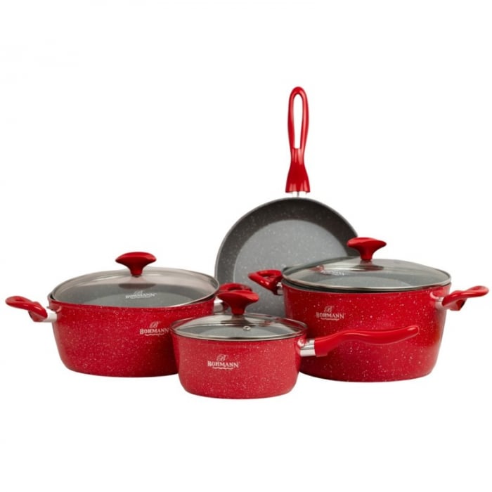 Set 7 piese Bohmann, aluminiu forjat, 1.2L 1.4L 3.4L 4.3L, marmorat interior-exterior, inclusiv inductie, rosu