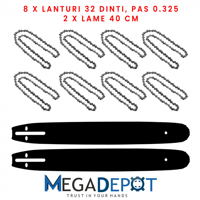 Set 8 Lanturi si 2 Lame universale pentru motofierastrau ( drujba ), 40 cm, 32 dinti, pas 0.325 [3]