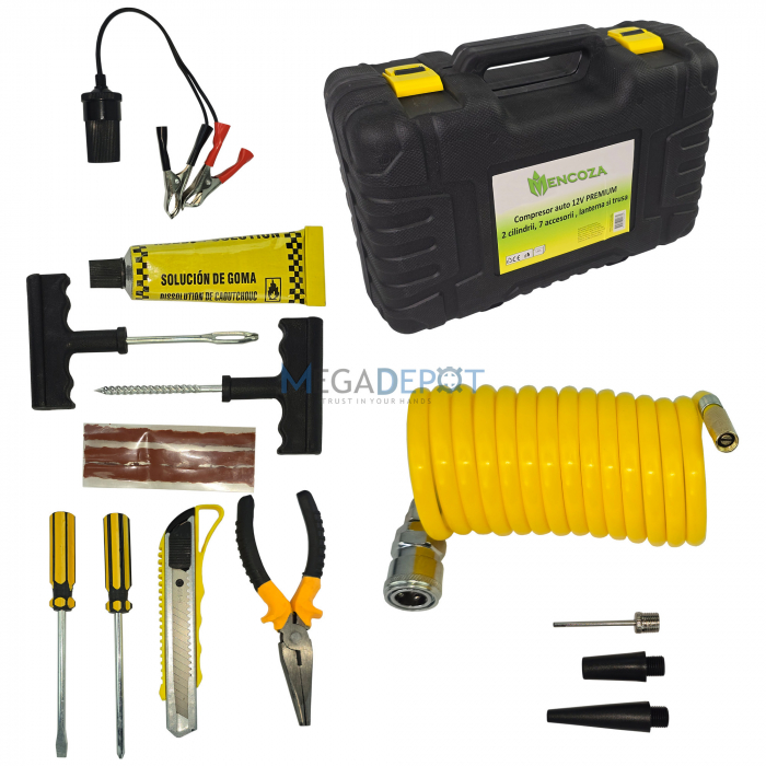 Set complet compresor auto 12V Mencoza Premium Lider 2 cilindri,150PSI, 70L/min, Kit reparatie pana, set de scule, accesorizat complet [3]