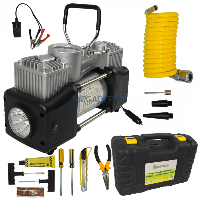 Set complet compresor auto 12VMencoza, Premium Lider 2 cilindri,150PSI, 70L min, Kit reparatie pana, set de scule, accesorizat complet, lanterna