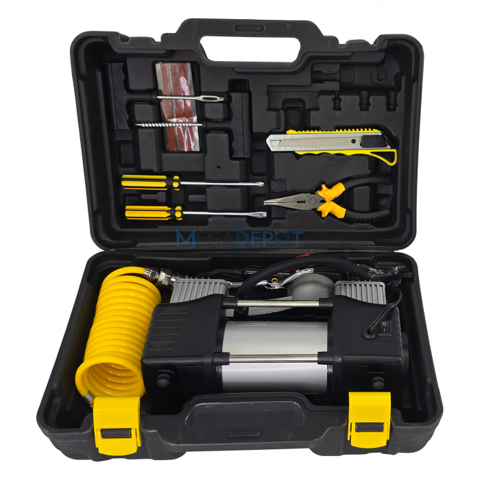 Set complet compresor auto 12V Mencoza Premium Lider 2 cilindri,150PSI, 70L/min, Kit reparatie pana, set de scule, accesorizat complet [4]