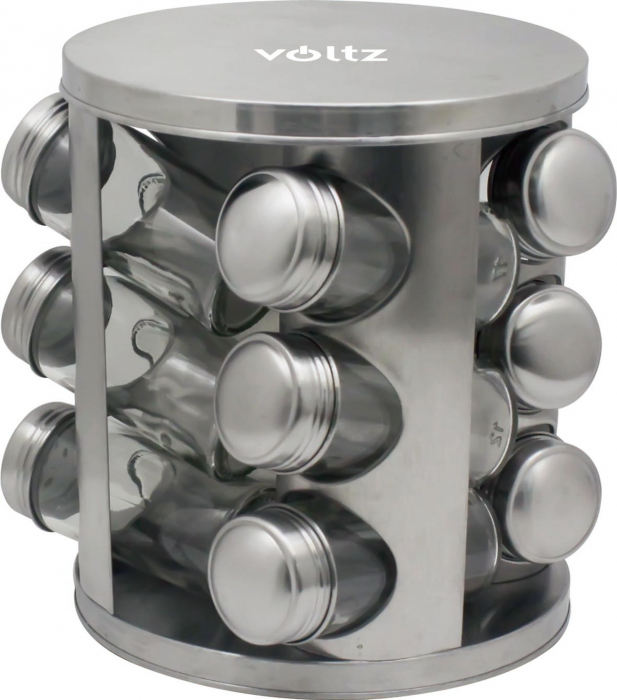 Set condimente 12 recipiente sticla cu capac inox Voltz V51217A12, Rotativ, Argintiu
