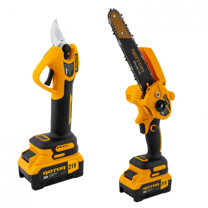 Set Minifierastrau + Foarfeca de taiat crengi Rotor, 21V 3Ah, 500 600W, 4500RPM, 2 Acumulatori inclusi