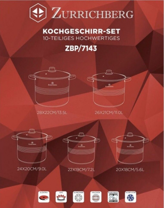 Set oale 10 piese Zurrichberg ZBP-7143/RS-SP10H, Capacitate 5.6L, 7.2L, 9L, 11.1L, 13.5L, Otel inoxidabil [4]