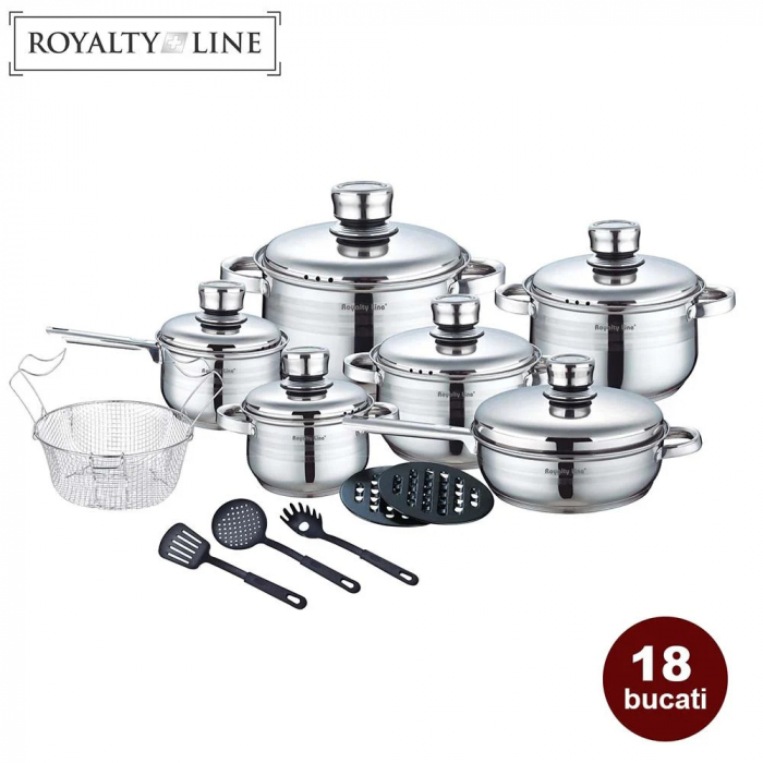Set oale 18 piese inox Royalty Line RL-1802, 6.3L, 3.9L, 2.9L, 2.1L, 2.1L, Tigaie 24cm, Cos inox, Ustensile bucatarie [2]
