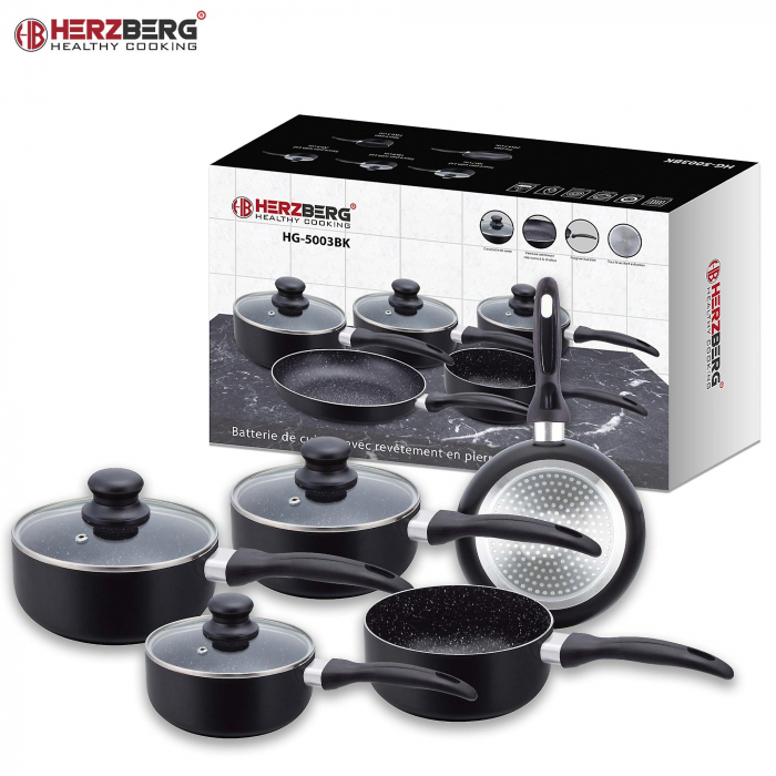 Set oale 8 piese Herzberg HG-5003BK, Diametru 14/16/18/20/24cm, Aluminiu, Acoperire marmura, Negru [2]