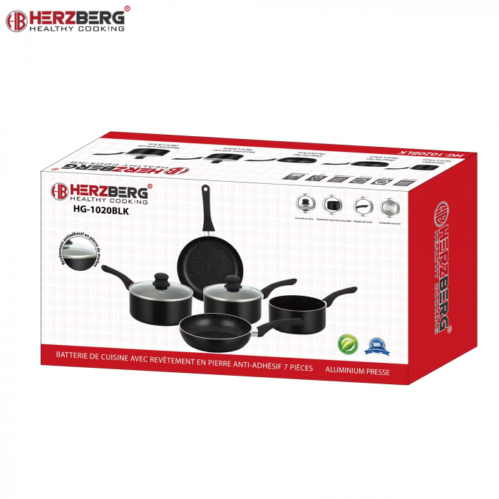 Set tigai 7 piese Herzberg HG-1020BLK, Aluminiu turnat, Acoperire marmura, Negru [2]