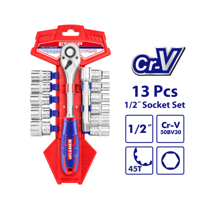 Set tubulare cu clichet 1 2,  ³ 13 buc - ESKT12131, EMTOP