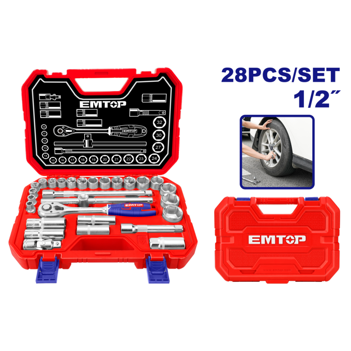 Set tubulare cu clichet 1 2,  ³ 28 buc, cutie de transport - ESKT12281, EMTOP