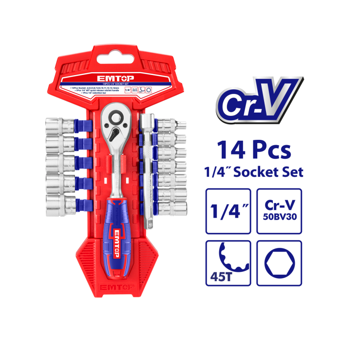 Set tubulare cu clichet 1/4" 14 buc - ESKT14141, EMTOP [1]
