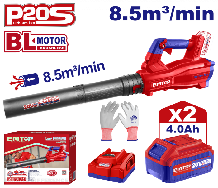 Suflanta cu 2 acumulatori 4.0Ah, motor fara perii (brushless), 8.5m3/min - ELAB204282, EMTOP [1]