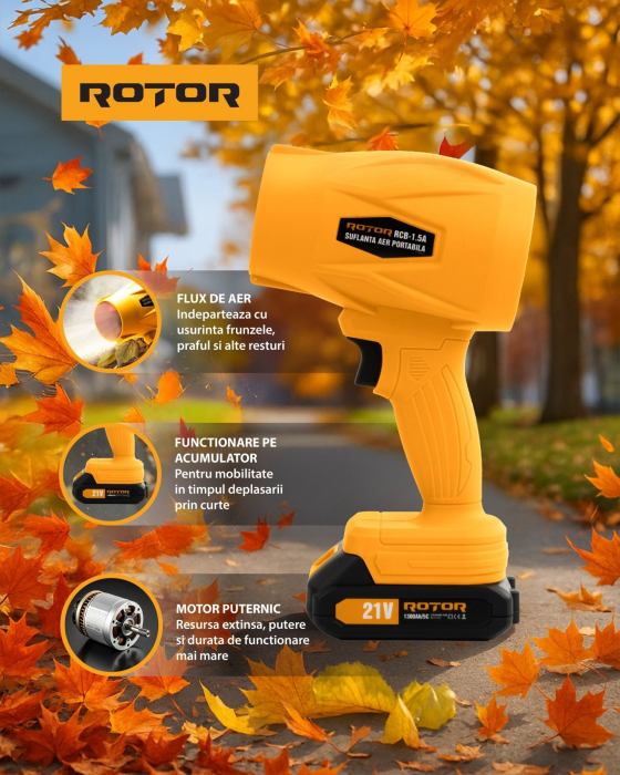 Suflanta de aer portabila, pe acumulator Rotor, 21V/1.3Ah, 315W, Acumulator si incarcator incluse [11]