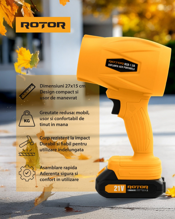 Suflanta de aer portabila, pe acumulator Rotor, 21V/1.3Ah, 315W, Acumulator si incarcator incluse [9]