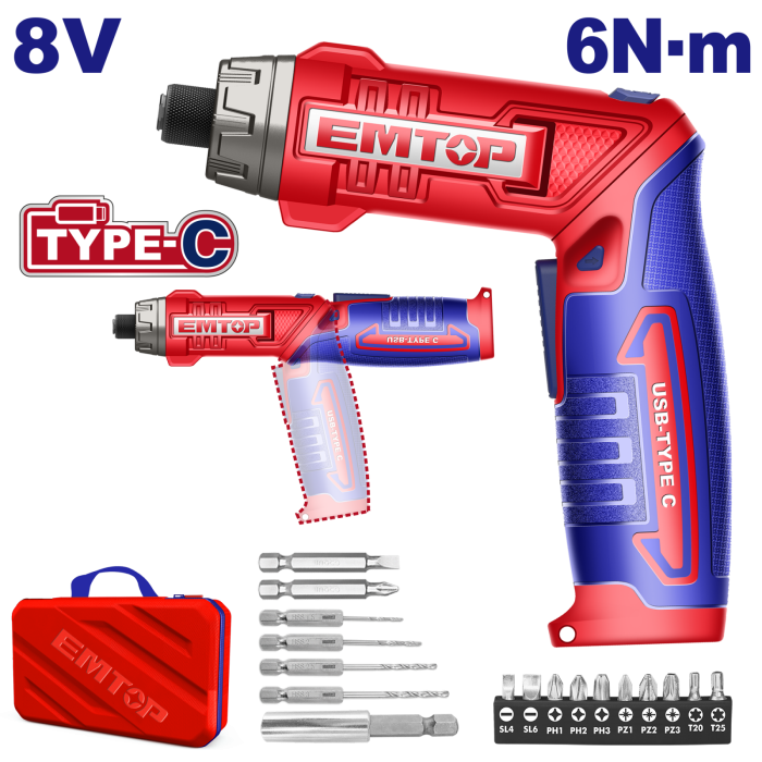 Surubelnita cu incarcare prin cablu USB, 8V, 6Nm, maner reglabil, 17 accesorii, geanta inclusa - ECSR0803, EMTOP