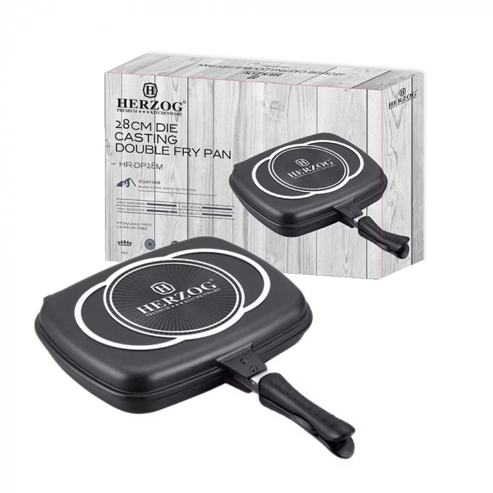 Tigaie grill dubla Herzog Preium HR-DP28M, 28cm, Aluminiu, Acoperire Marmura, Neagra [2]
