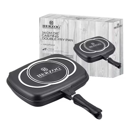 Tigaie grill dubla Herzog Preium HR-DP34M, 34cm, Aluminiu, Acoperire Marmura, Neagra [2]