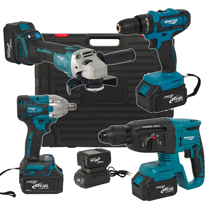 Trusa 4 piese cu 3 ACUMULATORI, autofiletanta, rotopercutor, polizor unghiular, bormasina impact, 24V, 4Ah [1]