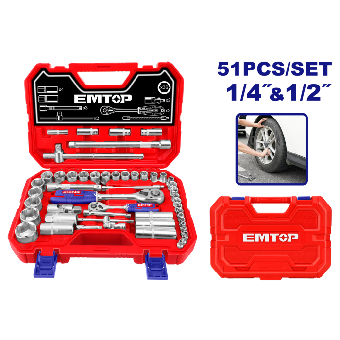 Trusa de scule si accesorii 1 4,  ³ + 1 2,  ³, 51 componente, cutie de transport - ESKT42511, EMTOP