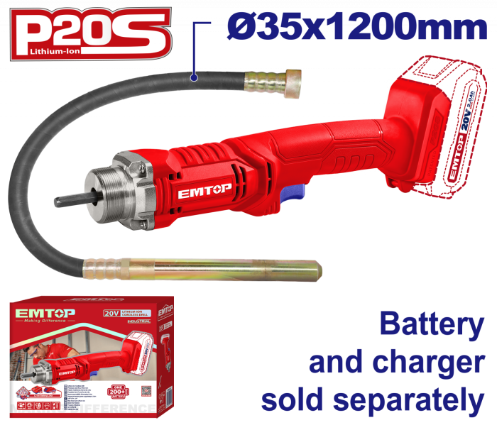 Vibrator de beton fara acumulator si incarcator, 35x1200mm - ECVL202301, EMTOP