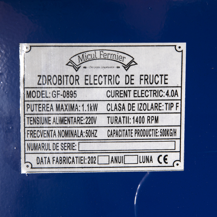 Zdrobitor electric de fructe Micul Fermier GF-0895, 1.1KW, 500 kg/ora, 1400RPM [6]