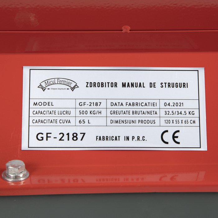 Zdrobitor manual de struguri/ Desciorchinator DG04C, Micul Fermier GF-2187, 500 kg/h, 65L, Rosu/Gri [6]