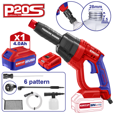 Aparate spalat cu presiune - Aparat de spalat cu presiune cu 1 acumulator 4.0AH si incarcator, 24 bari, 6 capete, geanta inclusa - ELPW202501, EMTOP