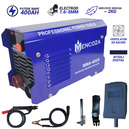 Sudura - Aparat de sudura tip invertor Mencoza MMA 400S, 400Ah, anti-lipire, protectie anti-incalzire, afisaj,  electrozi 1.6-5mm, toate accesoriile incluse