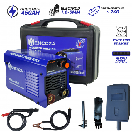 Sudura - Aparat de sudura tip invertor Mencoza MMA 450S, 450Ah, anti-lipire, protectie anti-incalzire, afisaj, electrozi 1.6-5mm, Accesorii incluse + Geanta de transport
