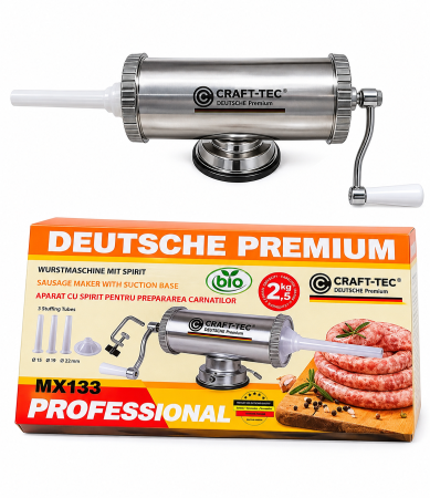 Aparat de umplut carnati orizontal 2.5Kg Craft-Tec, 3 palnii incluse, 2 sisteme de prindere [1]