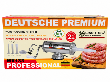 Aparat de umplut carnati orizontal 2.5Kg Craft-Tec, 3 palnii incluse, 2 sisteme de prindere [3]