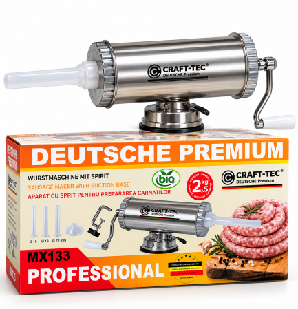 Aparat de umplut carnati orizontal 2.5Kg Craft-Tec, 3 palnii incluse, 2 sisteme de prindere [2]